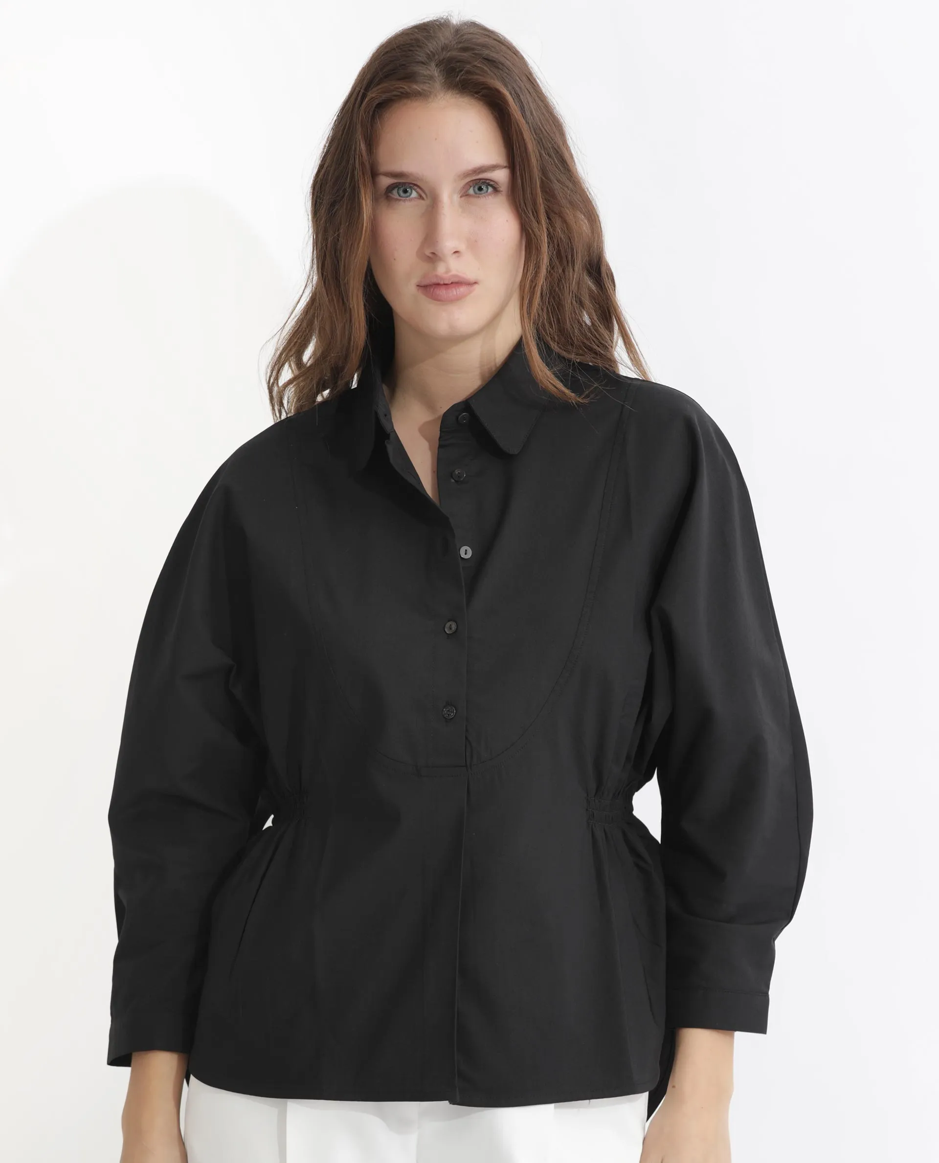 Rareism Women Kowski Black Cotton Blend Fabric Full Sleeves Button Closure Shirt Collar Kimono Sleeve Regular Fit Plain Blouse Top