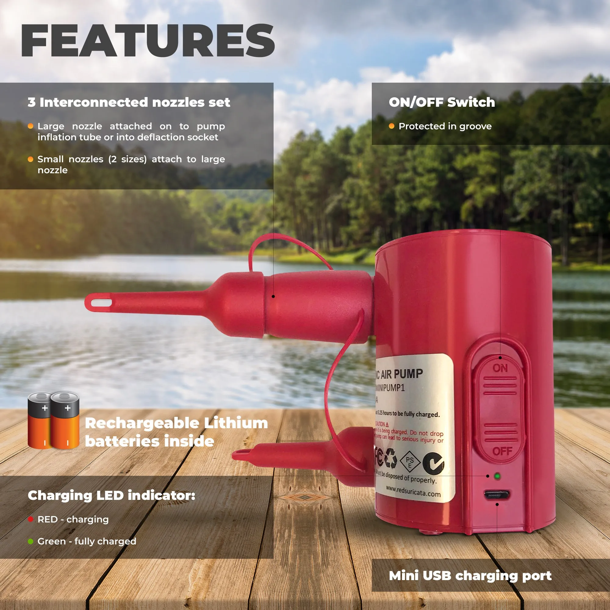 Red Suricata Powerful Little Rechargeable Electric Air Pump for Inflatables