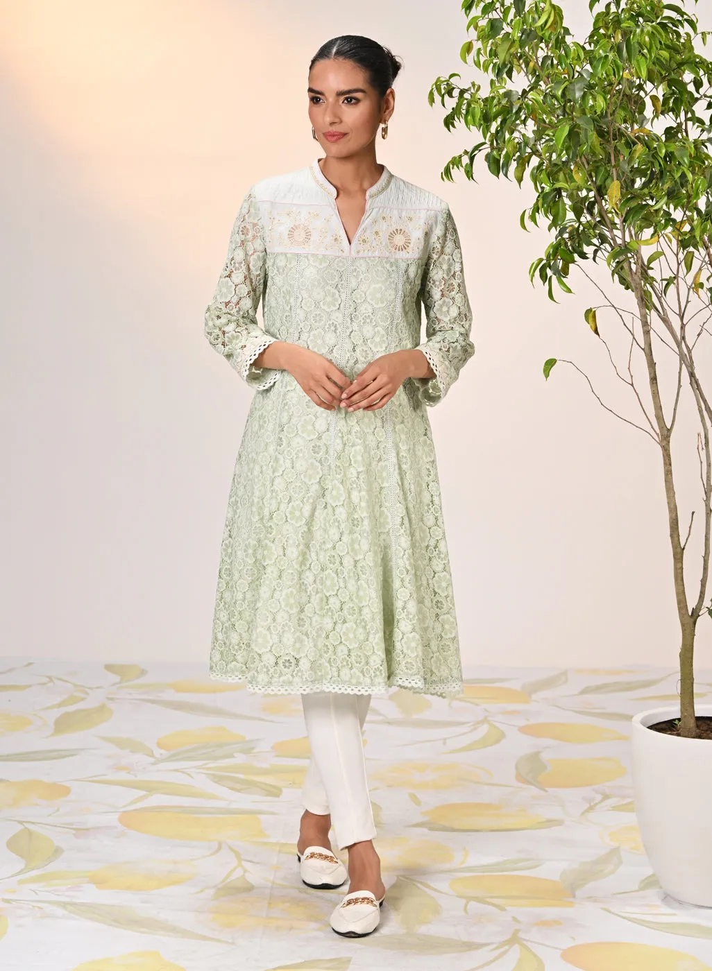 Roza Salmon Green Embroidered Raschel Net Designer
Dress for Women