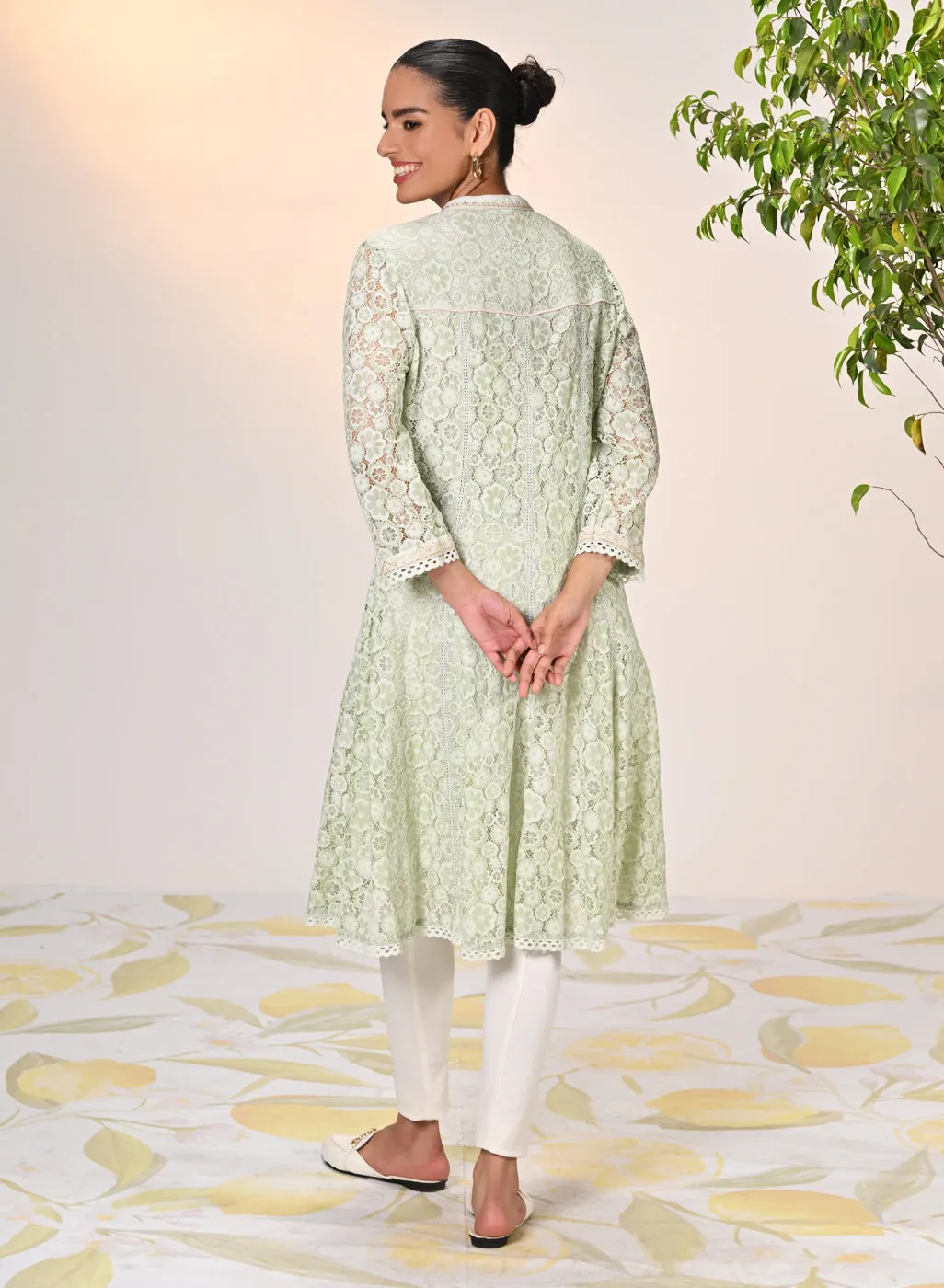 Roza Salmon Green Embroidered Raschel Net Designer
Dress for Women