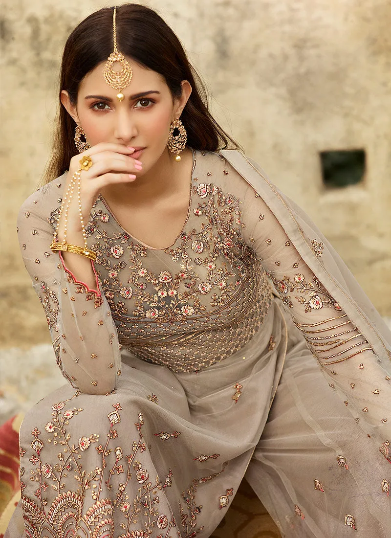 Soft Grey Golden Gharara Suit