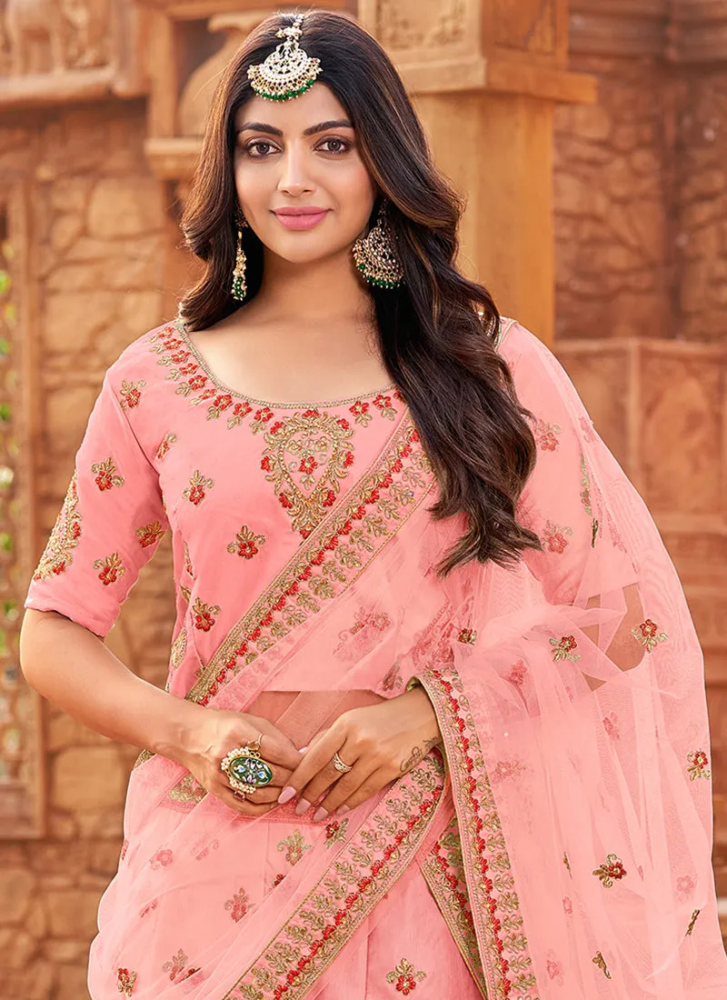 Soft Peach Zari Embroidered Wedding Lehenga Choli