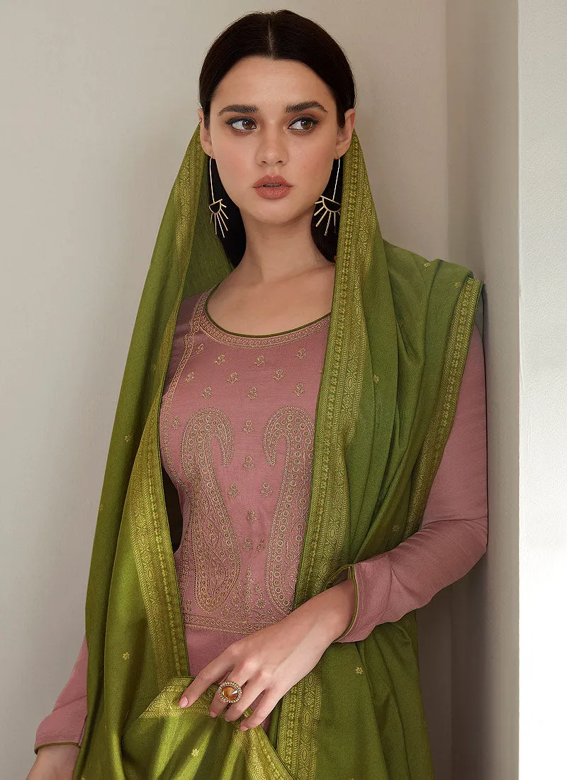 Soft Pink And Green Embroidered Pant Style Suit