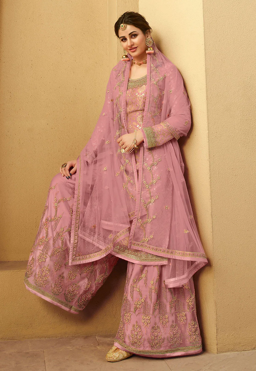 Soft Pink Embroidered Gharara Style Suit