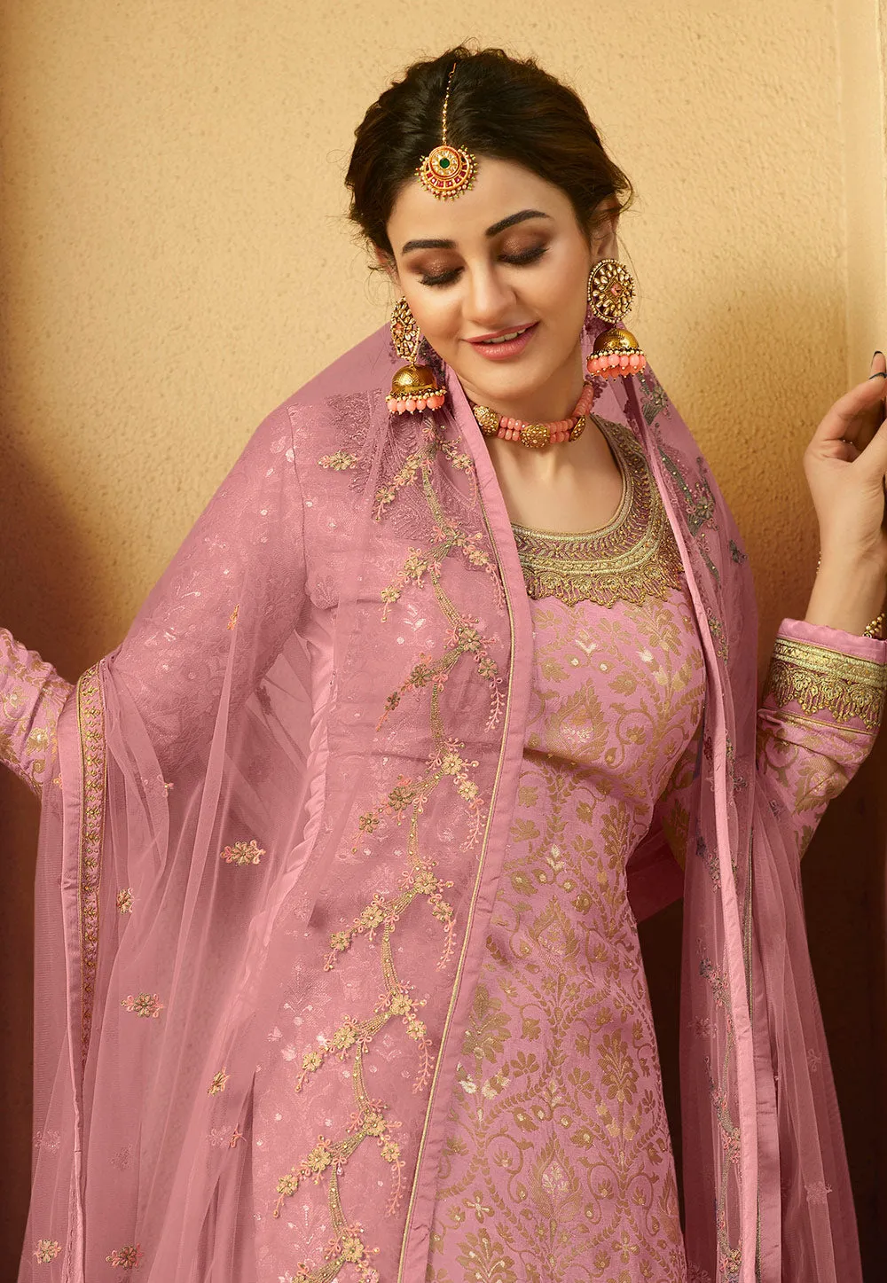 Soft Pink Embroidered Gharara Style Suit