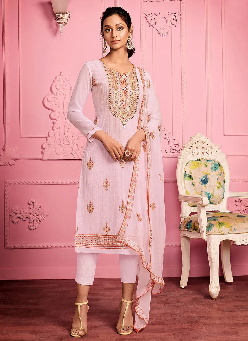 Soft Pink Floral Embroidered Pakistani Pant Suit