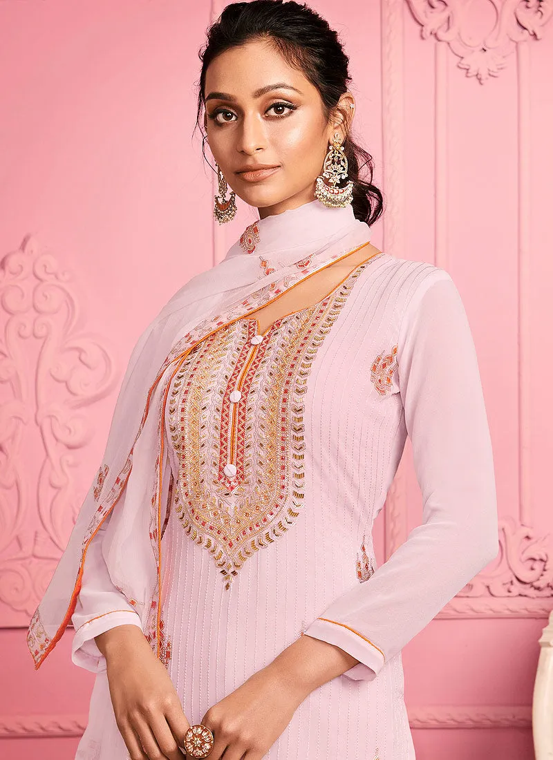 Soft Pink Floral Embroidered Pakistani Pant Suit