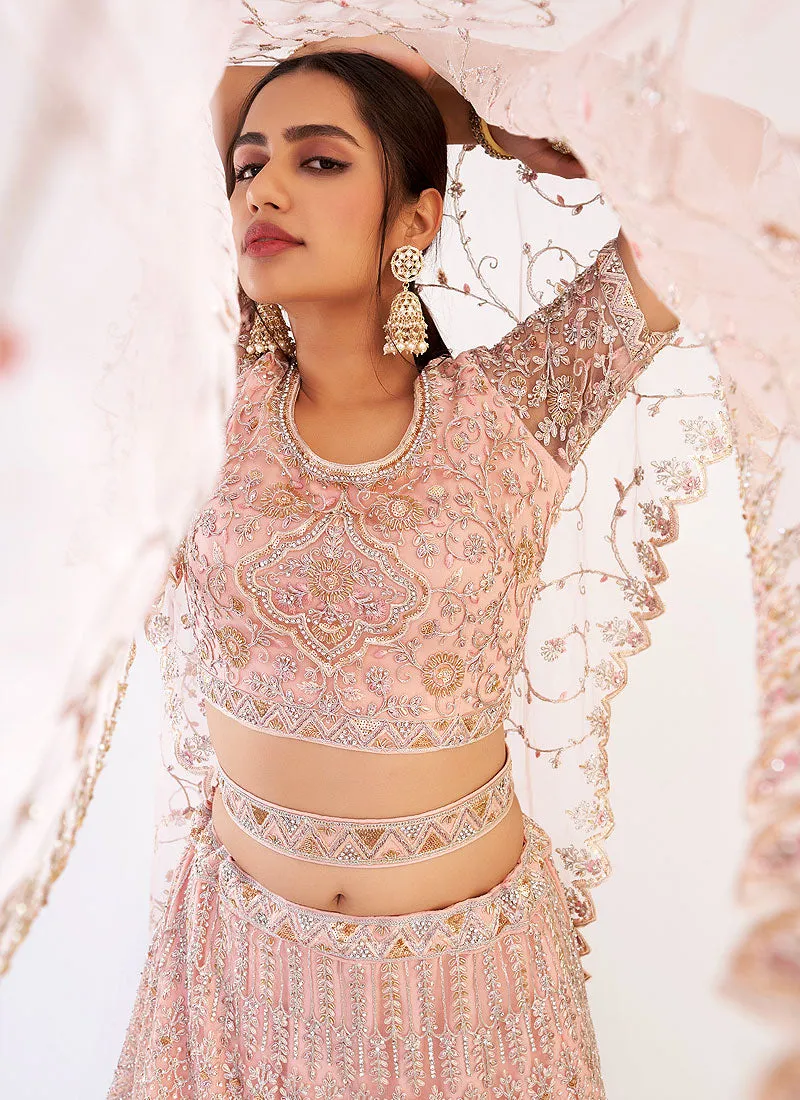 Soft Pink Zarkan Embroidered Soft Net Wedding Lehenga Choli