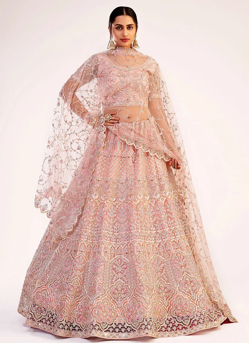 Soft Pink Zarkan Embroidered Soft Net Wedding Lehenga Choli