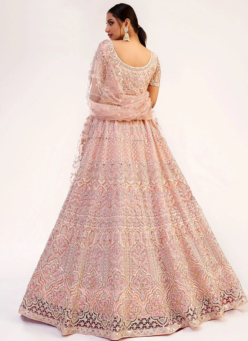 Soft Pink Zarkan Embroidered Soft Net Wedding Lehenga Choli