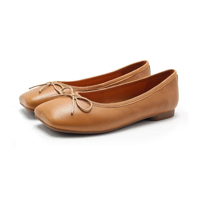 Square Toe Bowknot Genuine Leather Slip-on For Women Handmade Flats in 11 Colors