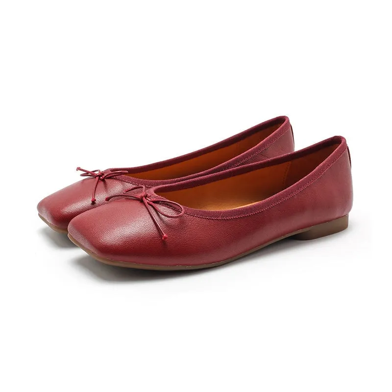 Square Toe Bowknot Genuine Leather Slip-on For Women Handmade Flats in 11 Colors