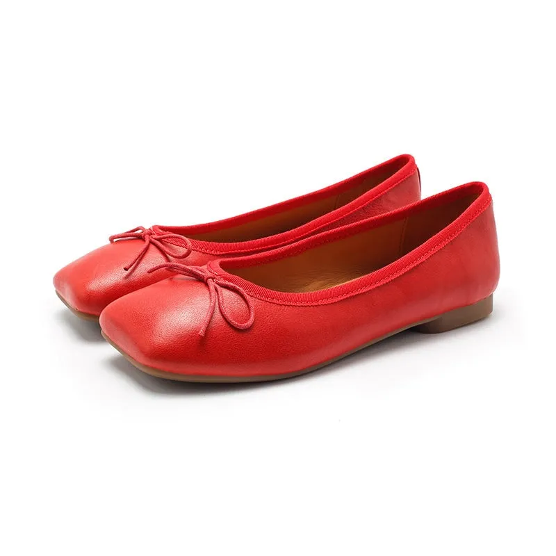 Square Toe Bowknot Genuine Leather Slip-on For Women Handmade Flats in 11 Colors