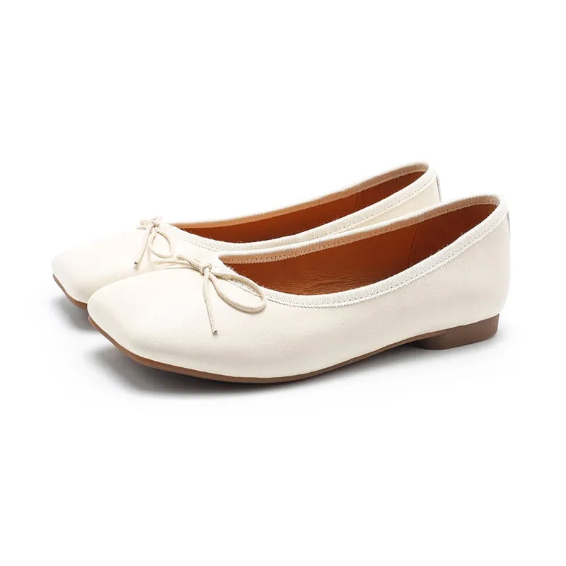 Square Toe Bowknot Genuine Leather Slip-on For Women Handmade Flats in 11 Colors