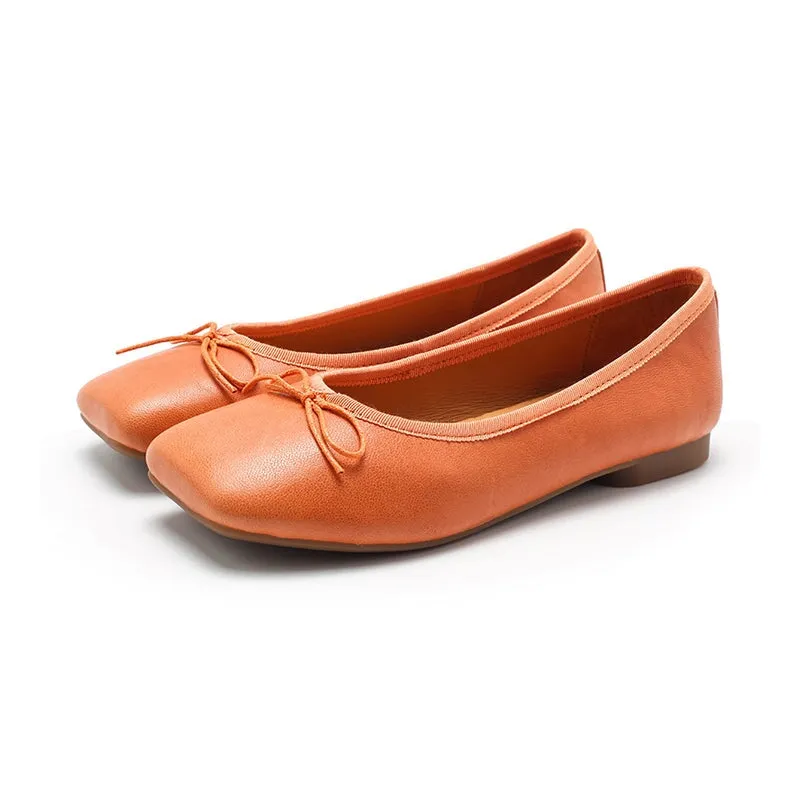 Square Toe Bowknot Genuine Leather Slip-on For Women Handmade Flats in 11 Colors