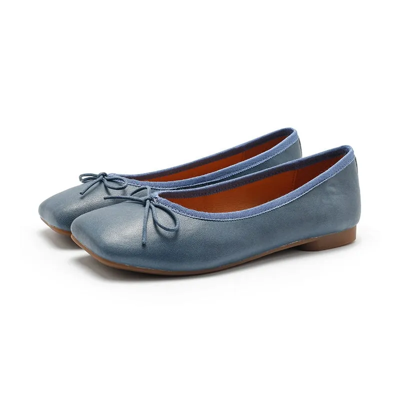 Square Toe Bowknot Genuine Leather Slip-on For Women Handmade Flats in 11 Colors