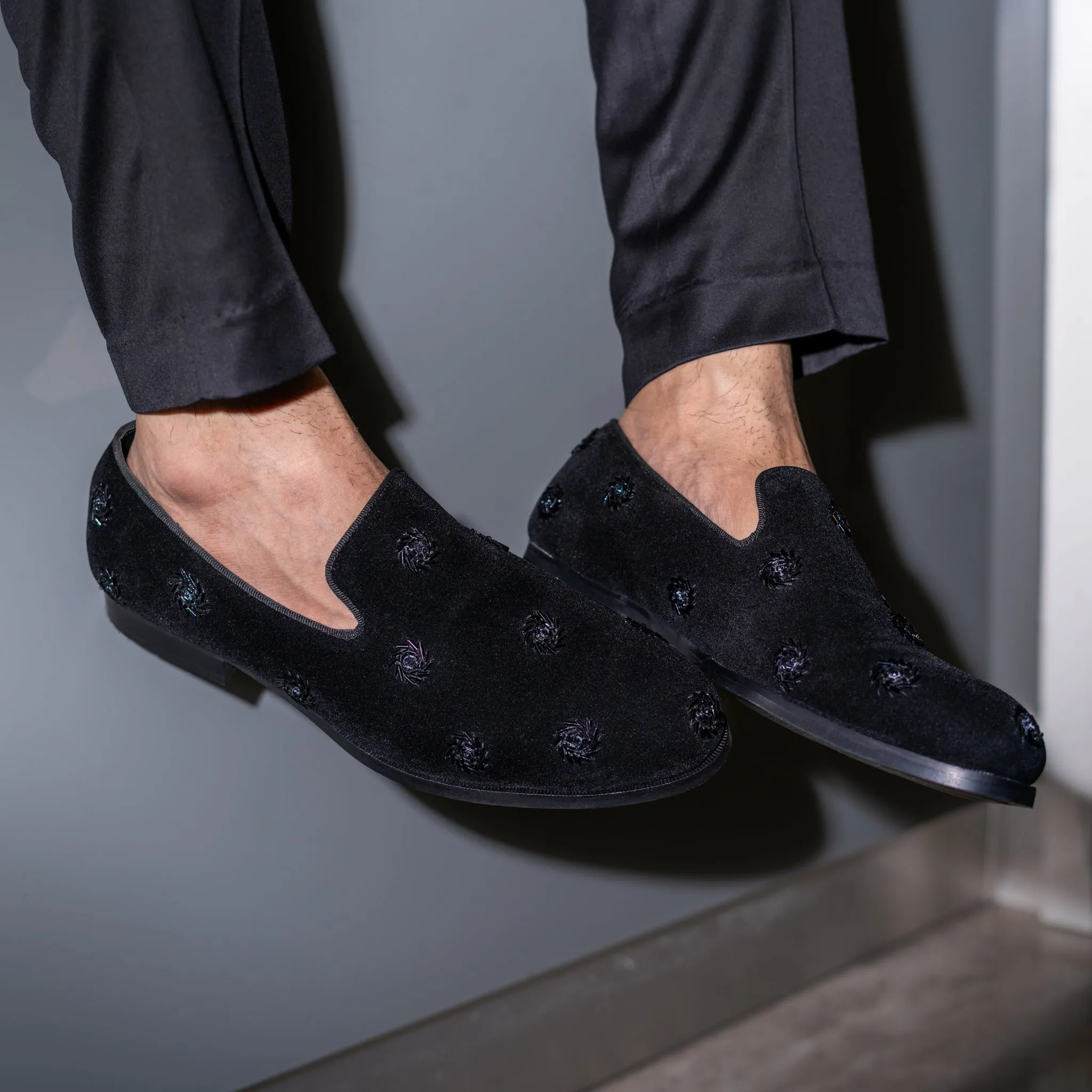 SWIRL EMBROIDERY SLIP-ONS- BLACK