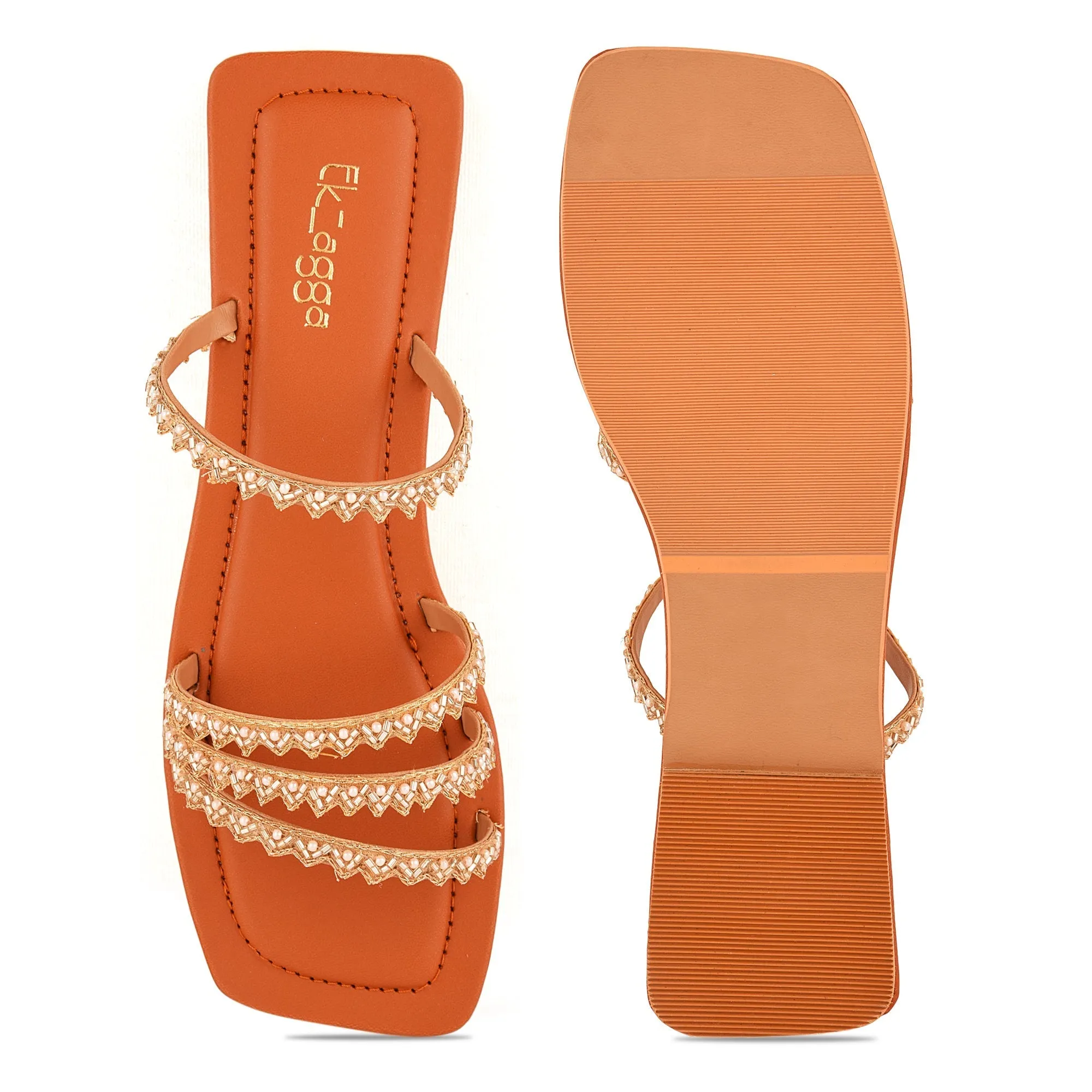 Tan Embroidered Strappy Flats