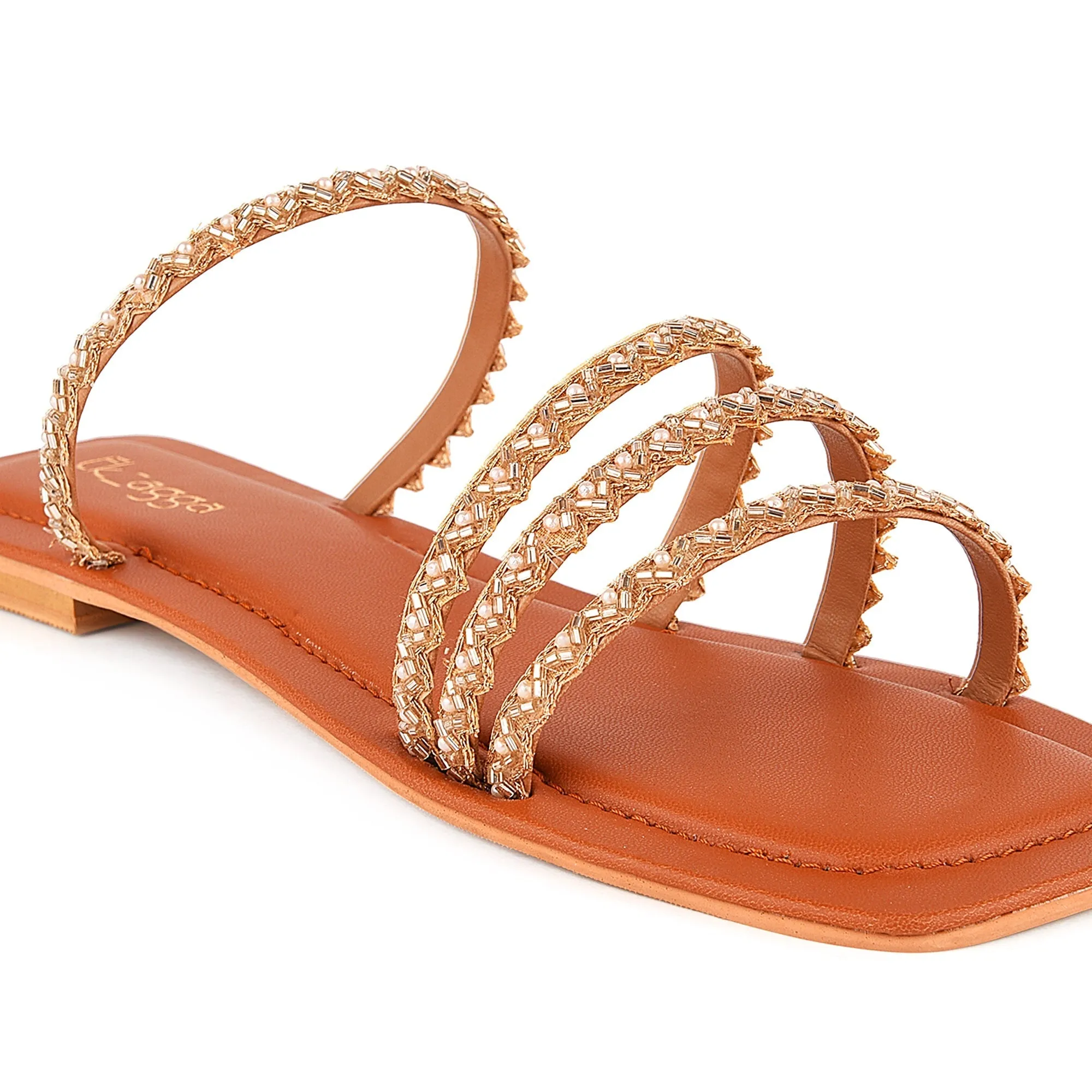 Tan Embroidered Strappy Flats