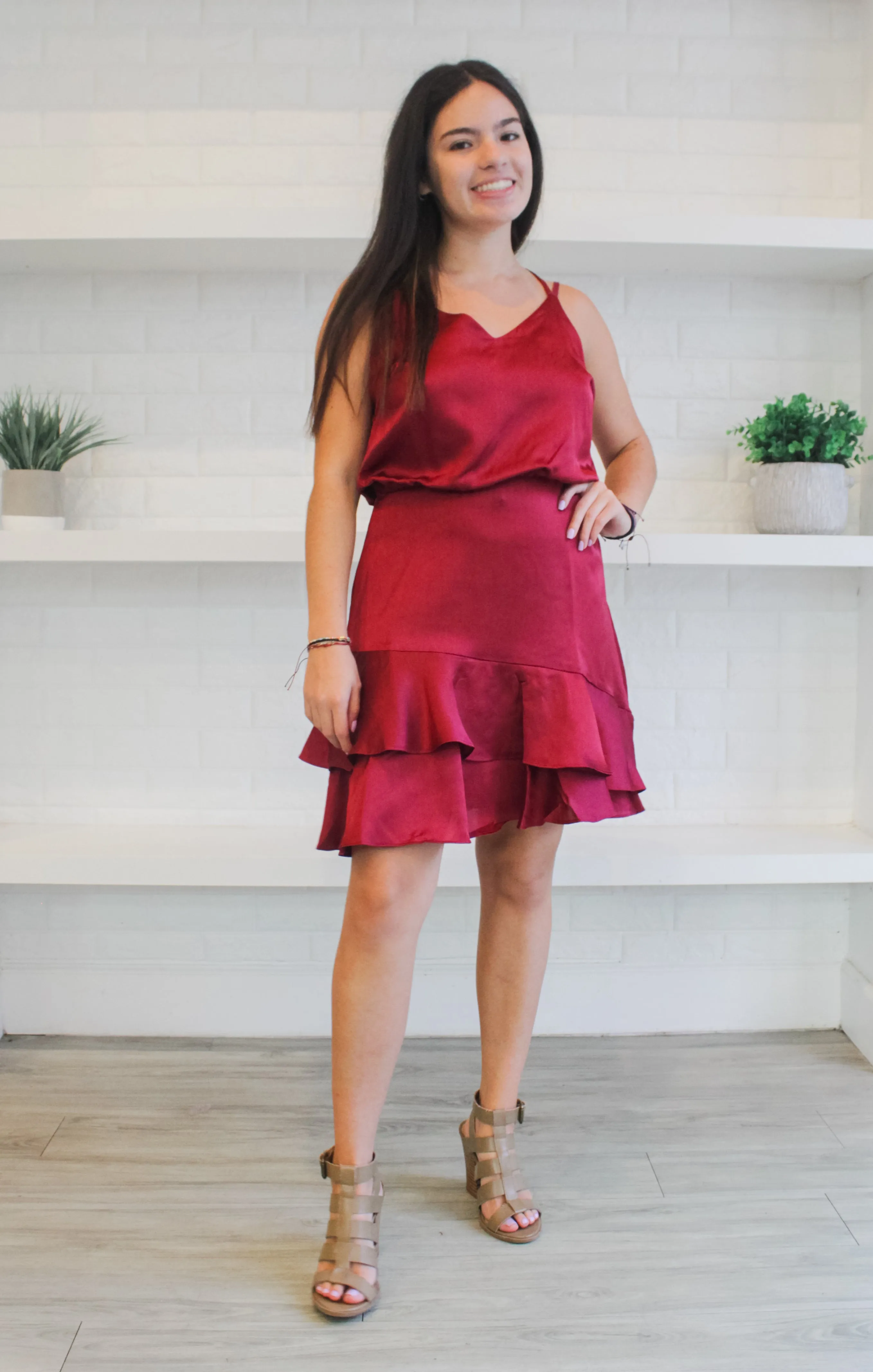 The Ruffle Hem Satin Mini (Garnet)