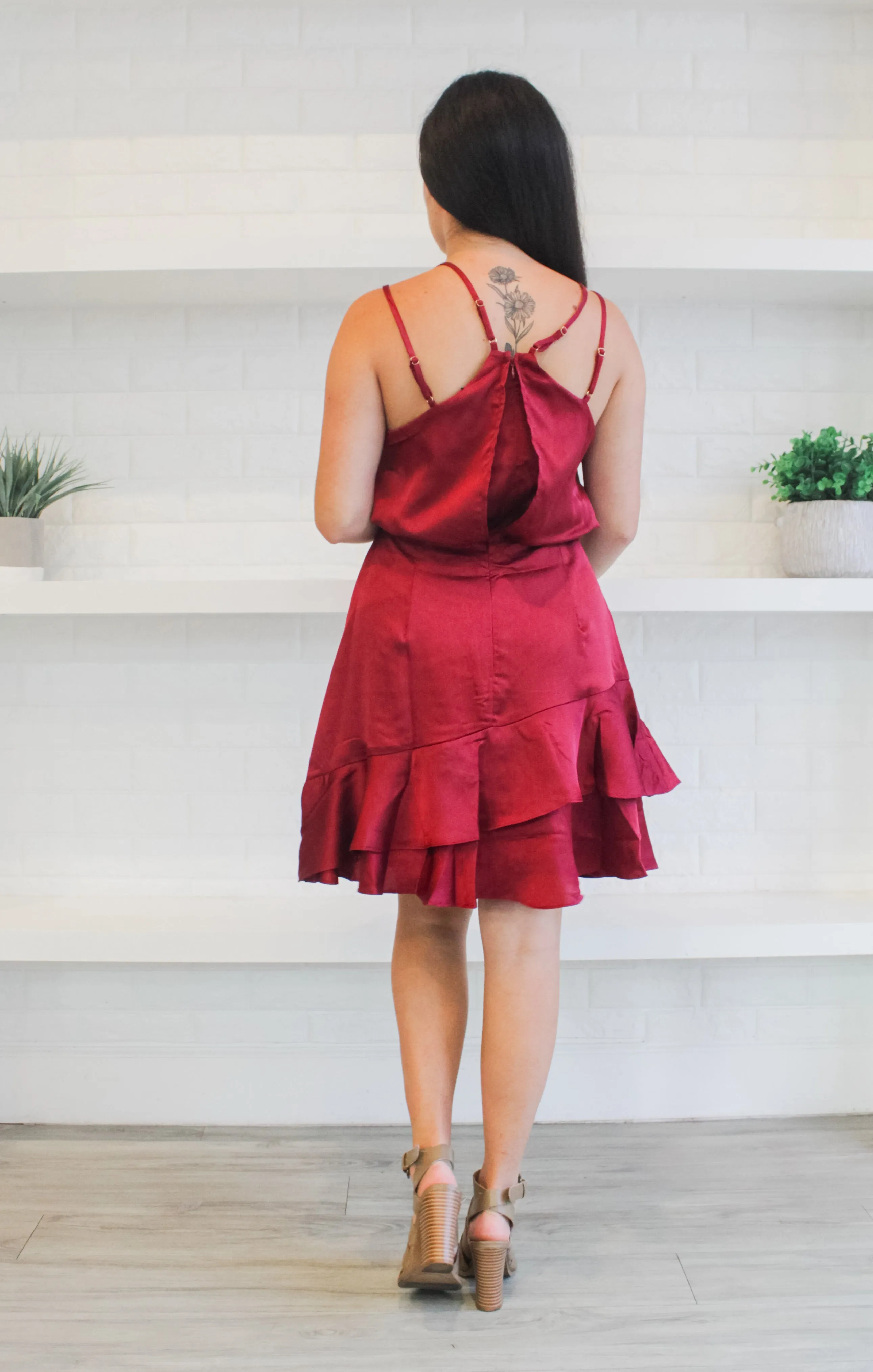 The Ruffle Hem Satin Mini (Garnet)