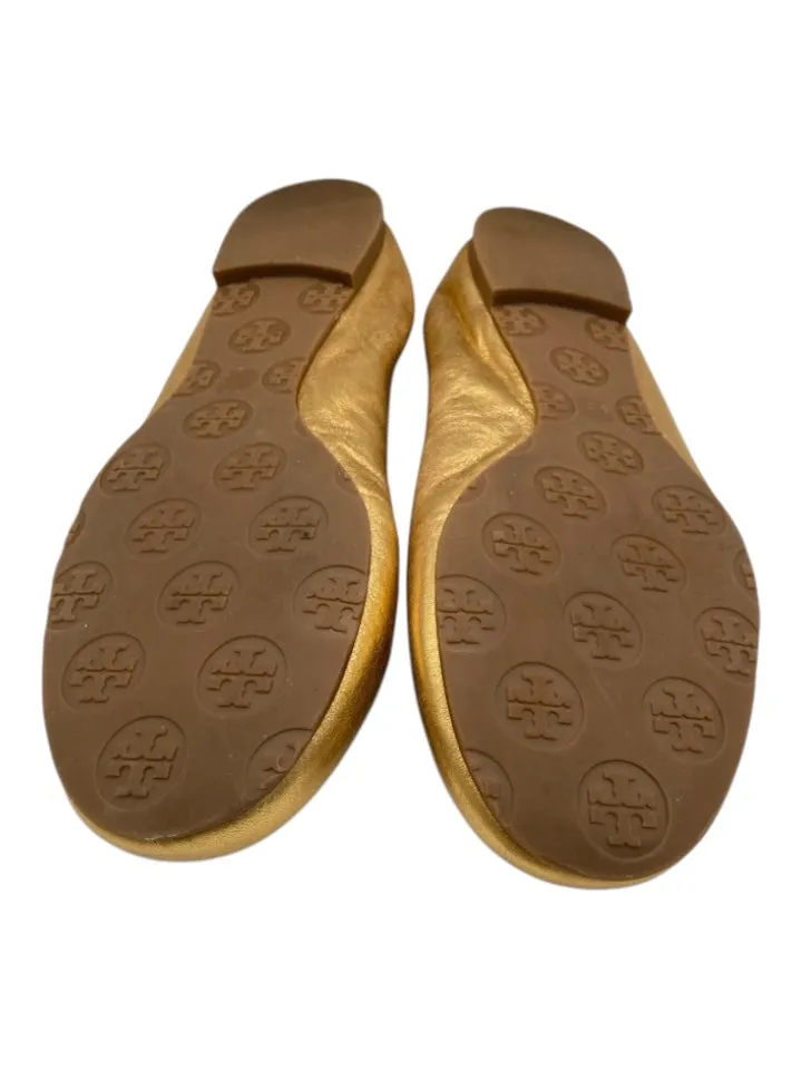 Tory Burch Shoe Size 6.5 Gold Leather Elastic Hem Gold Logo Round Toe Flats