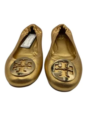 Tory Burch Shoe Size 6.5 Gold Leather Elastic Hem Gold Logo Round Toe Flats