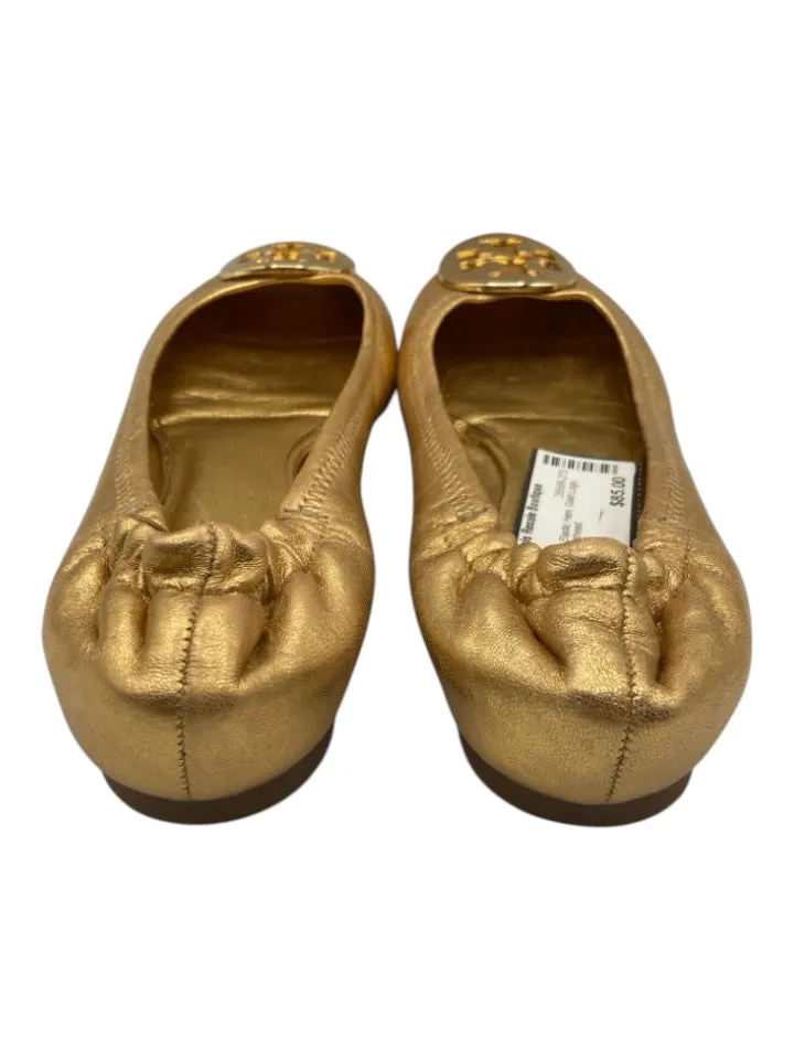 Tory Burch Shoe Size 6.5 Gold Leather Elastic Hem Gold Logo Round Toe Flats