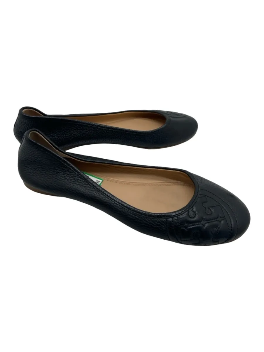 Tory Burch Shoe Size 8.5 Black Pebbled Leather round toe Stitched Logo Flats