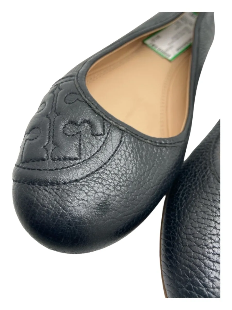 Tory Burch Shoe Size 8.5 Black Pebbled Leather round toe Stitched Logo Flats