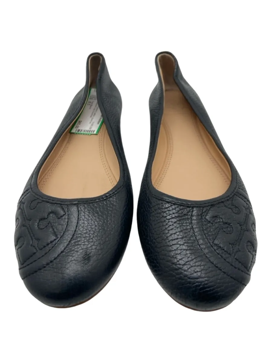 Tory Burch Shoe Size 8.5 Black Pebbled Leather round toe Stitched Logo Flats