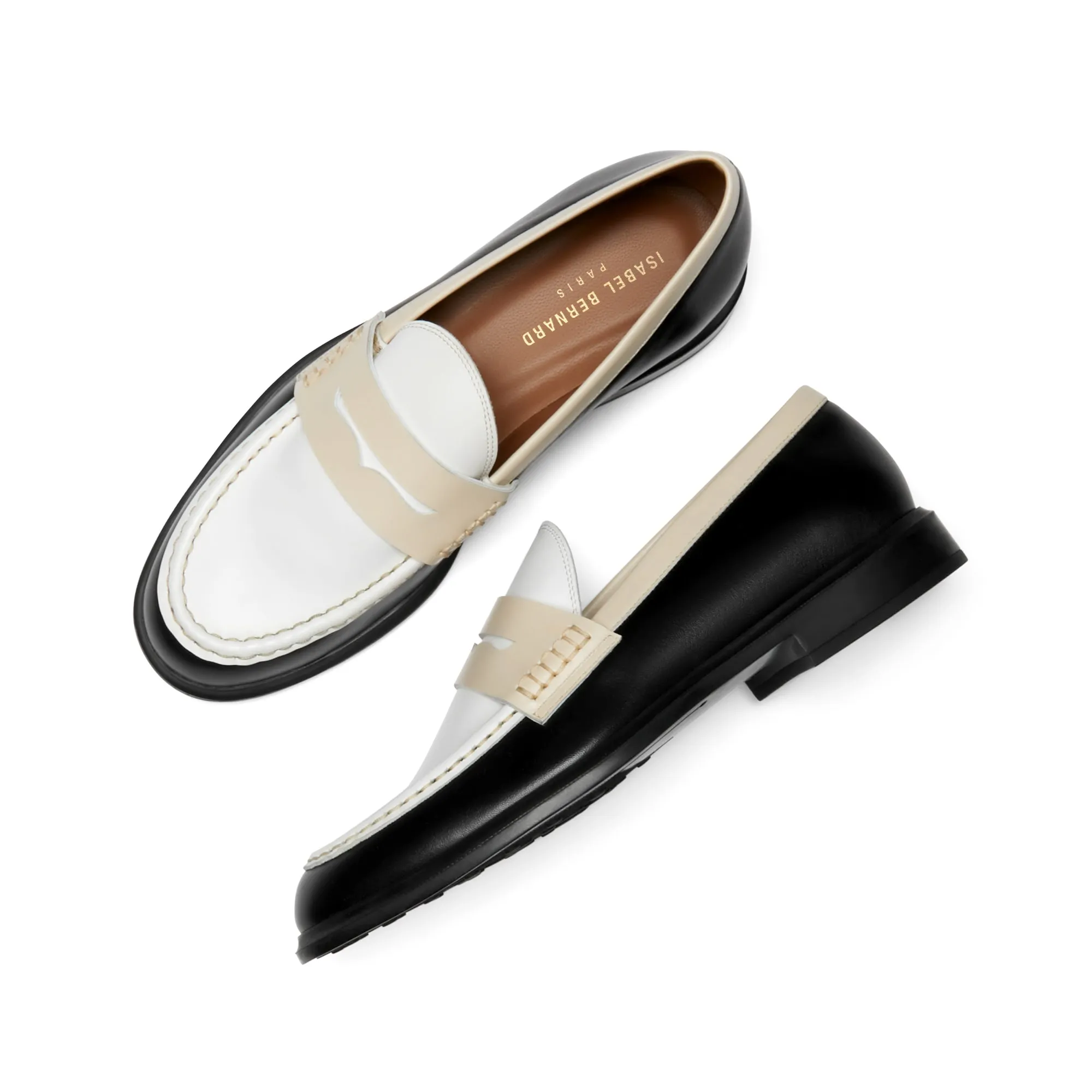 Vendôme Blandine black and white calfskin leather loafers with white details