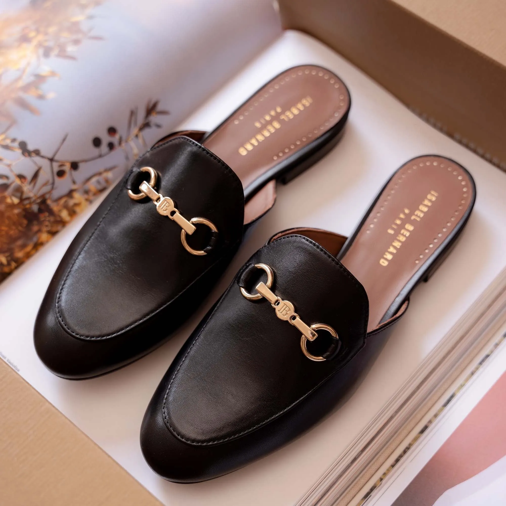 Vendôme Fleur black calfskin leather slipper loafers