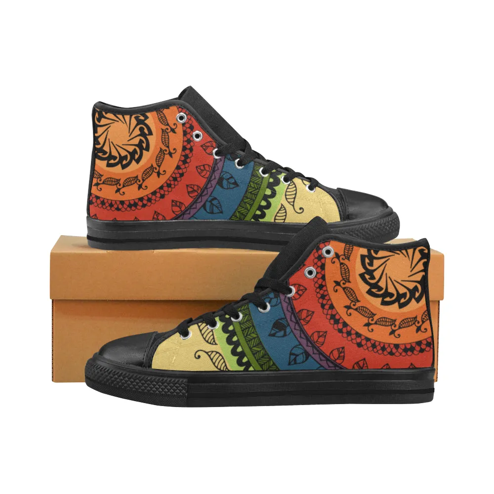 Women's Black Folksy Mandala Print Canvas High Top Shoes