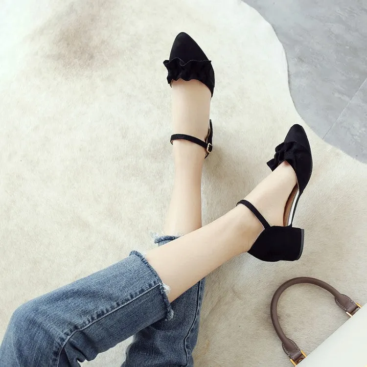 Women's Suede Pointed Toe Ruffles Ankle Strap Block Heel Sandals