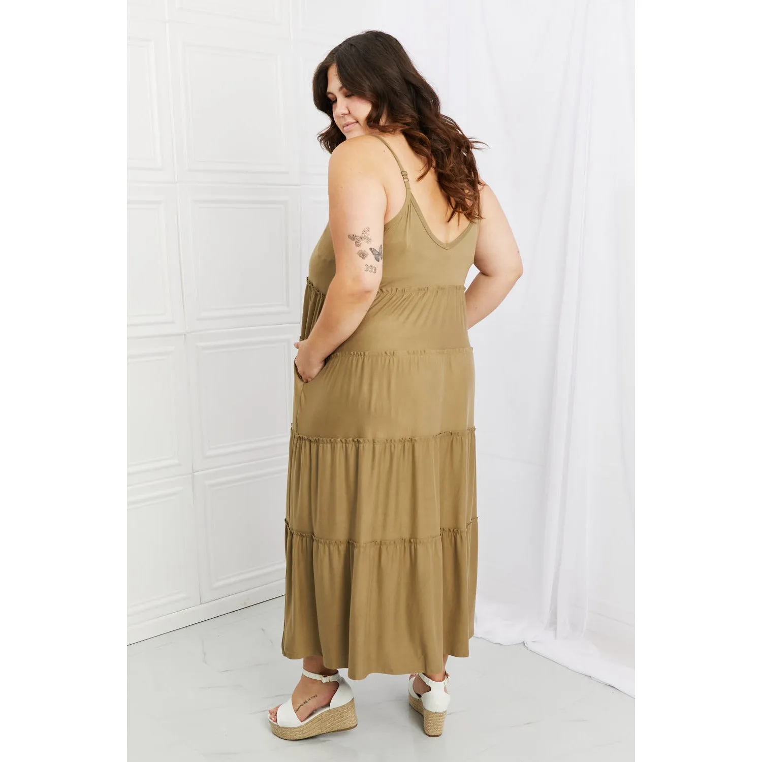 Zenana Full Size Spaghetti Strap Tiered Dress with Pockets in Khaki