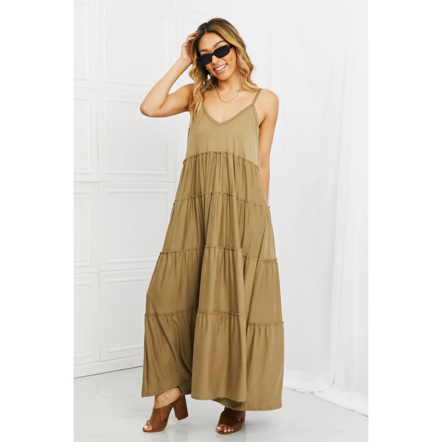 Zenana Full Size Spaghetti Strap Tiered Dress with Pockets in Khaki