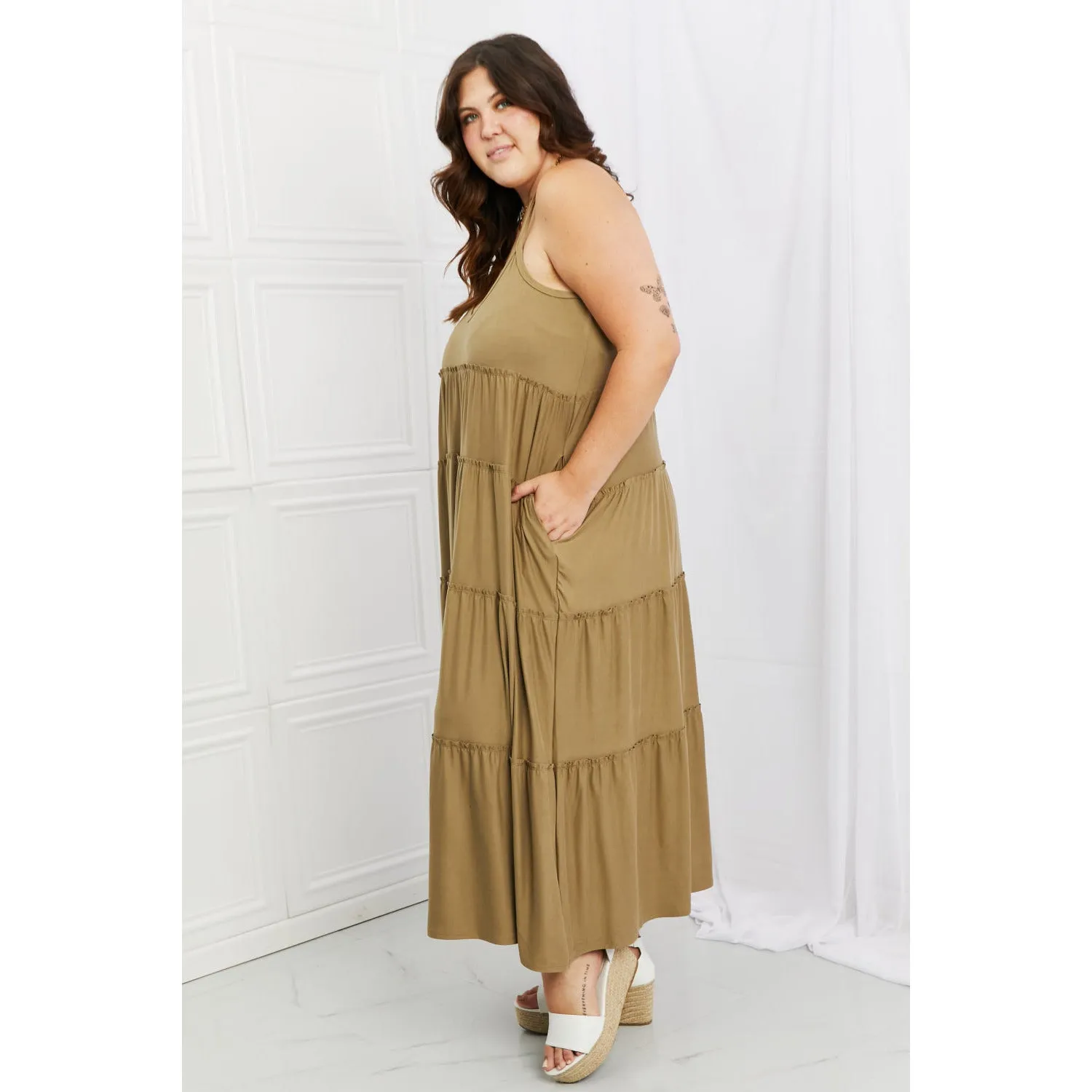 Zenana Full Size Spaghetti Strap Tiered Dress with Pockets in Khaki