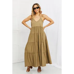 Zenana Full Size Spaghetti Strap Tiered Dress with Pockets in Khaki