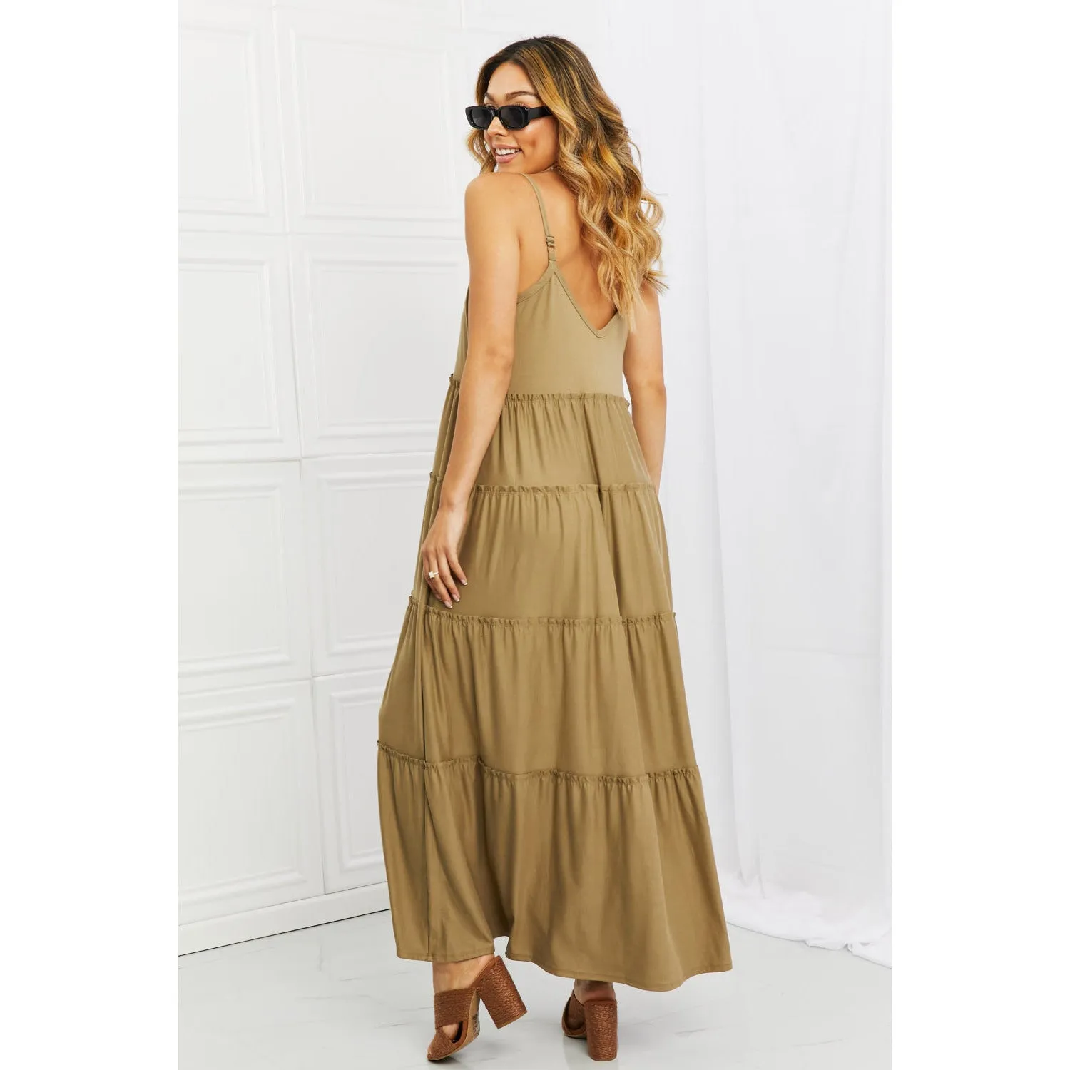 Zenana Full Size Spaghetti Strap Tiered Dress with Pockets in Khaki